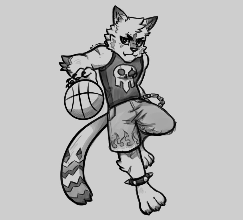 anklet anthro barefoot basketball bone bottomwear clothing dynogreeno feet felid feline fire hi_res jewelry male mammal shirt shorts skull skull_head solo sport tank_top topwear