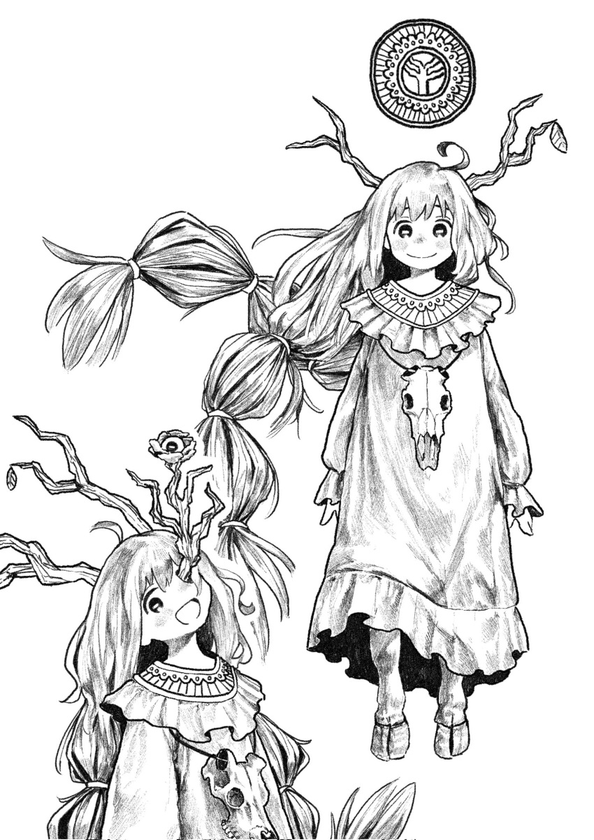 animal_skull animal_skull_ornament branch bulging_eyes dress eye_pop female greyscale highres hooves kilsturgeon leaf long_hair monochrome monster_girl open_mouth original plant_girl simple_background white_background white_dress