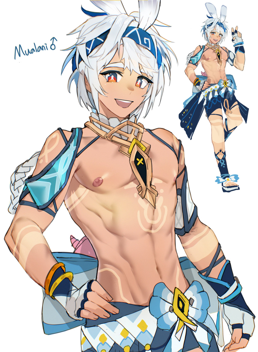 1boy absurdres bana_gameg black_shorts blue_hairband braid character_name commentary dark-skinned_male dark_skin fingerless_gloves genderswap_(ftm) genshin_impact gloves hairband highres jewelry long_hair looking_at_viewer male_focus mars_symbol mualani_(genshin_impact) navel necklace nipples open_mouth red_eyes rule_63 shorts simple_background smile solo standing standing_on_one_leg stomach symbol-shaped_pupils topless_male white_background white_gloves white_hair