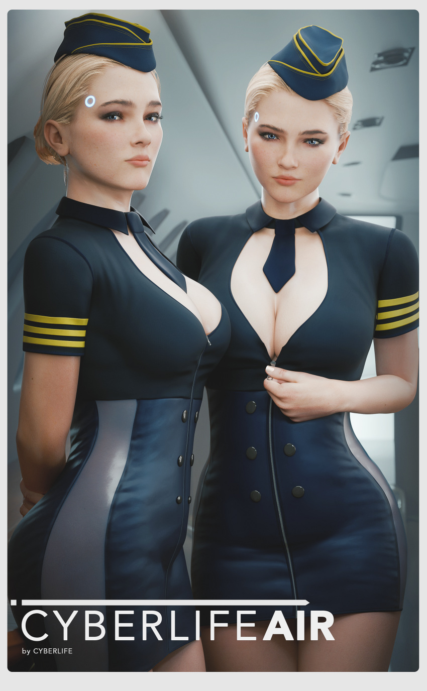 2girls 3d absurdres airplane_interior android arms_behind_back blonde_hair blue_eyes border breasts chloe_(detroit) cleavage cleavage_cutout clone clothing_cutout cowboy_shot detroit:_become_human english_text flight_attendant fugtrup hair_bun highres large_breasts looking_at_viewer multiple_girls necktie pantyhose short_necktie travel_attendant white_border