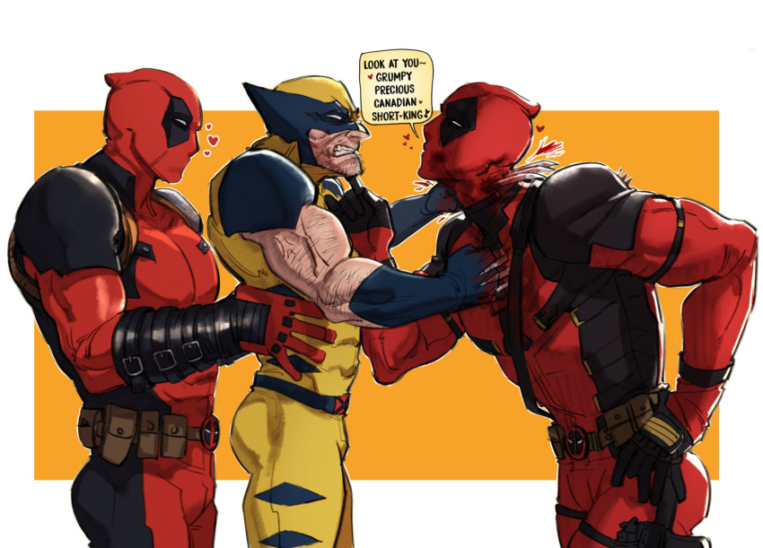 3boys angry ass belt black_gloves blood bodysuit brown_hair commentary deadpool deadpool_&_wolverine deadpool_(series) dual_persona english_text facial_hair gloves heart highres impaled looking_at_another male_focus marvel marvel_cinematic_universe mask mcbuckwheat multiple_boys muscular muscular_male pectorals red_mask short_hair speech_bubble stab symbol-only_commentary teeth thighs utility_belt violence wolverine_(x-men) yaoi yellow_bodysuit