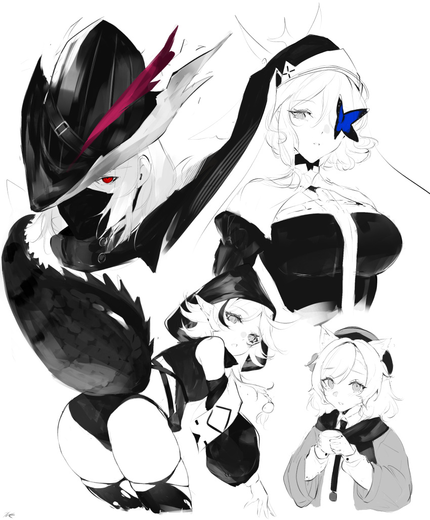 4girls absurdres animal_ear_fluff animal_ears arknights ass bent_over beret breasts butterfly_over_eye commentary cropped_legs dress english_commentary hat highres hood hood_up jacket large_breasts long_sleeves looking_at_viewer looking_to_the_side monochrome mousse_(arknights) multiple_girls open_clothes open_jacket puffy_long_sleeves puffy_sleeves red_eyes short_hair simple_background spot_color thighhighs tomimi_(arknights) torn_clothes torn_thighhighs ulpianus_(arknights) whisperain_(arknights) white_background xooku