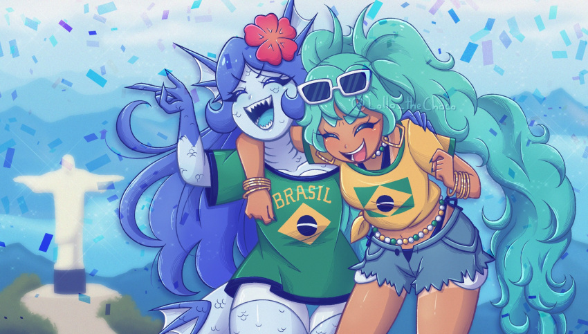 2girls aqua_hair arm_behind_another's_back artist_self-insert bead_choker belly_chain bikini blue_hair blue_scales blue_skin bracelet brazil brazilian_flag brazilian_flag_print brazilian_miku christ_the_redeemer colored_skin dark-skinned_female dark_skin earrings exposed_pocket eyewear_on_head female fins flower gills gold_earrings green_shirt hair_flower hair_ornament hatsune_miku head_fins highres jewelry lollothechoco long_hair mermaid monster_girl multiple_bracelets multiple_girls original rectangular_earrings scales sharp_teeth shirt shorts shorts_tan sunglasses swimsuit tan tanline_peek tanlines teeth twintails vocaloid watermark white-framed_eyewear yellow_shirt