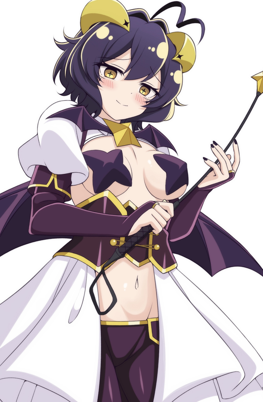 ahoge bat_brooch black_hair black_pasties blush breastless_clothes breasts corset cross cross_facial_mark cross_pasties facial_mark female fold-over_gloves forward_facing_horns highres holding holding_riding_crop horns lowleg lowleg_pants magia_baiser magical_girl mahou_shoujo_ni_akogarete medium_breasts medium_hair navel open_mouth pants pasties purple_corset purple_pasties riding_crop short_hair shrug_(clothing) simple_background smile solo star_pasties symbol-shaped_pupils white_background white_shrug wings yellow_eyes yellow_horns