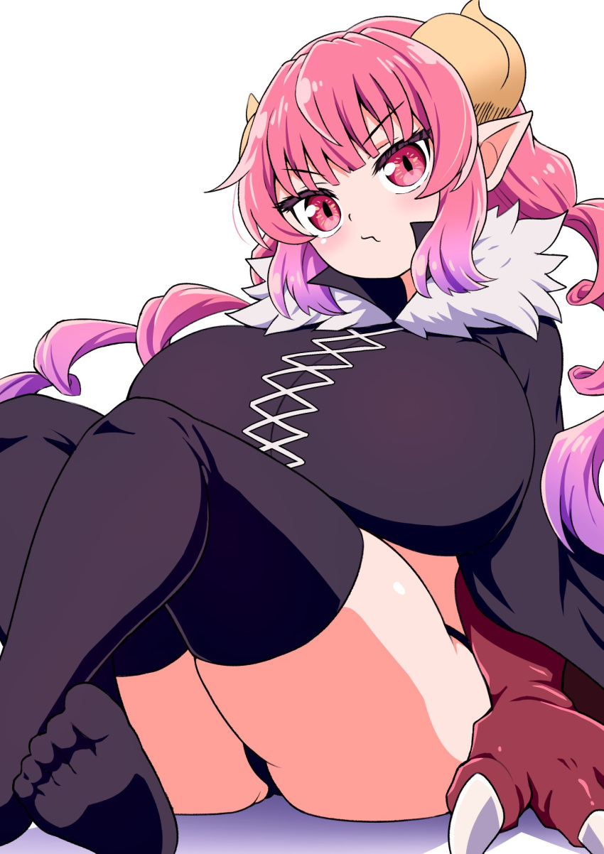 black_panties blush breasts dragon_girl dragon_horns female highres horns huge_breasts ilulu_(maidragon) kobayashi-san_chi_no_maidragon long_hair looking_at_viewer mamiyama multicolored_hair oppai_loli panties pink_hair pointy_ears red_eyes red_hair shirt simple_background sitting slit_pupils solo thighhighs twintails underwear