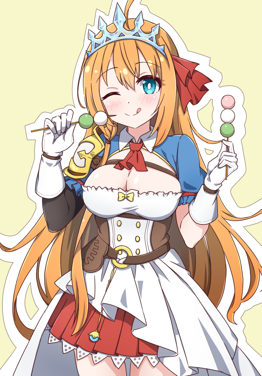 ;p ahoge ascot breasts cleavage cleavage_cutout clothing_cutout dango female food gloves hair_ribbon highres hiro_(pqtks113) long_hair one_eye_closed orange_hair pecorine_(princess_connect!) pleated_skirt princess_connect! puffy_short_sleeves puffy_sleeves red_ascot red_ribbon red_skirt ribbon sanshoku_dango short_sleeves shrug_(clothing) skirt solo tiara tongue tongue_out very_long_hair wagashi white_gloves