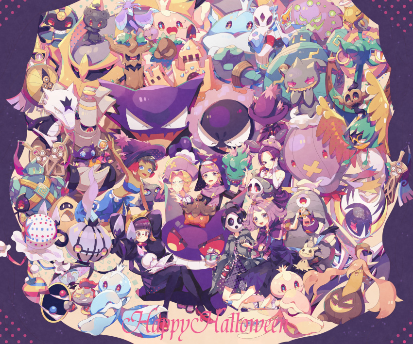 2boys 5girls absurdres acerola_(pokemon) aegislash agatha_(pokemon) ahoge allister_(pokemon) alolan_marowak arm_up bag black_pantyhose blonde_hair blue_eyes blue_sarong blunt_bangs blush book brown_eyes brown_hair capelet chandelure character_hat chewing cofagrigus collarbone dark-skinned_female dark_skin decidueye dhelmise doublade dress drifblim drifloon dusclops dusknoir duskull eating elbow_gloves eyelashes fantina_(pokemon) frillish frillish_(female) frillish_(male) froslass gastly gengar giratina glasses gloves golett golurk gourgeist grey_eyes grey_robe hand_on_own_face happy_halloween hat haunter highres holding holding_bag holding_hands honedge jellicent jellicent_(female) jellicent_(male) lampent laughing litwick long_sleeves marshadow mask mimikyu misdreavus mismagius morty_(pokemon) multiple_boys multiple_girls nagatsukiariake old old_woman open_book oricorio oricorio_(sensu) palossand pantyhose phantump phoebe_(pokemon) pirate_hat pleated_skirt poke_ball poke_ball_(basic) pokemon pokemon_(creature) pokemon_bw pokemon_dppt pokemon_gsc pokemon_rgby pokemon_rse pokemon_sm pokemon_swsh polteageist pumpkaboo purple_capelet purple_dress purple_hair purple_hat purple_scarf purple_shorts red_footwear robe rotom sableye sandals sandygast sarong scarf shauntal_(pokemon) short_hair shorts single_glove skirt spiritomb trevenant white_gloves witch_hat yamask