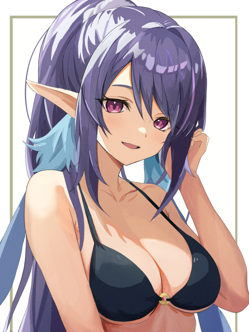 7wxhuxh breasts collarbone commentary_request female highres inset_border judith_(tales) large_breasts long_hair open_mouth pointy_ears purple_eyes purple_hair simple_background solo tales_of_(series) tales_of_vesperia white_background