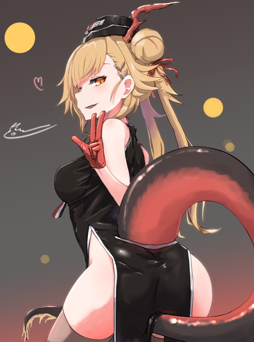 alternate_costume ass black_dress blonde_hair breasts china_dress chinese_clothes commentary_request cowboy_shot dragon_horns dragon_tail dress female garrison_cap girls'_frontline gloves gradient_background grey_background grey_thighhighs hair_bun hair_ornament hat highres horns long_hair looking_at_viewer looking_back mg15_(girls'_frontline) oerba_yun_fang open_mouth orange_eyes red_background red_gloves simple_background skin_fang solo tail thighhighs twintails w zafuri_(yzrnegy)