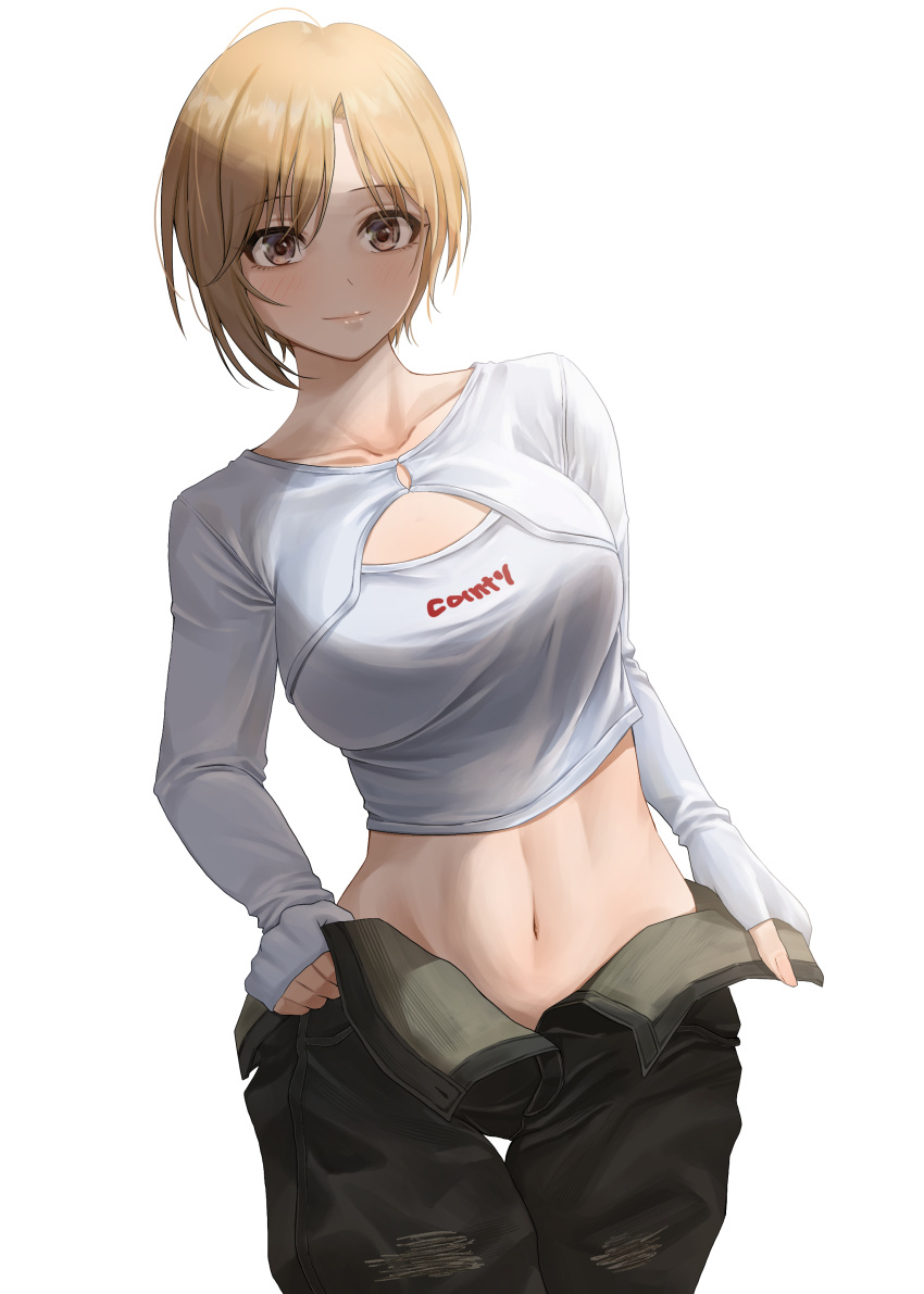 absurdres aiba_yumi breasts brown_eyes brown_hair closed_mouth collarbone commentary_request crop_top daiko_(dai1974910) female highres idolmaster looking_at_viewer midriff navel short_hair simple_background smile solo standing undressing white_background