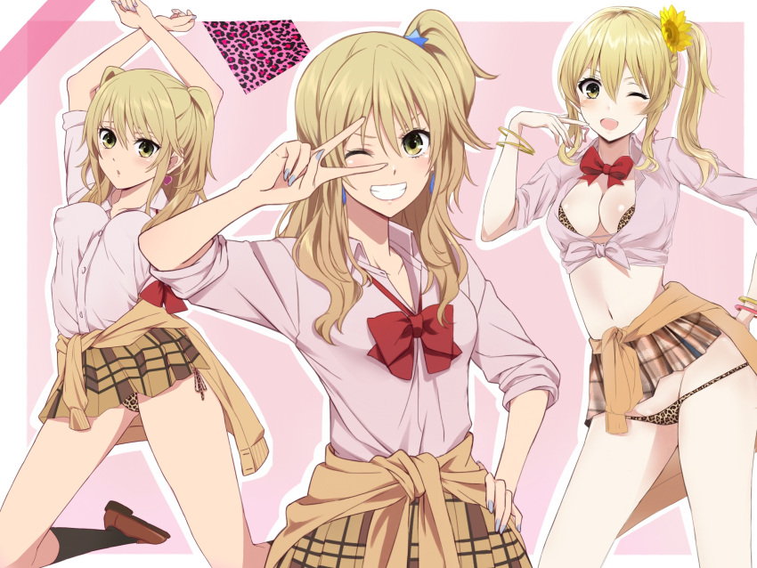 aihara_yuzu animal_print blonde_hair bow bowtie brown_skirt cardigan cardigan_around_waist citrus_(saburouta) clothes_around_waist collared_shirt commentary_request female grin highres leopard_print long_hair long_sleeves looking_at_viewer midriff miniskirt multiple_views navel one_eye_closed one_side_up open_mouth panties pink_background pink_shirt plaid_clothes plaid_skirt pleated_skirt red_bow red_bowtie saint_laurent_paris school_uniform shirt side_ponytail skirt smile tied_shirt underwear v_over_eye yellow_eyes