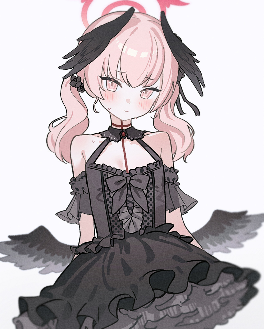 alternate_costume bare_shoulders black_dress black_wings blue_archive blush breasts closed_mouth detached_sleeves dress feathered_wings female frilled_dress frills fymrie hair_between_eyes halo head_wings highres koharu_(blue_archive) long_hair looking_at_viewer low_wings pink_hair pink_halo simple_background small_breasts solo twintails white_background winged_halo wings