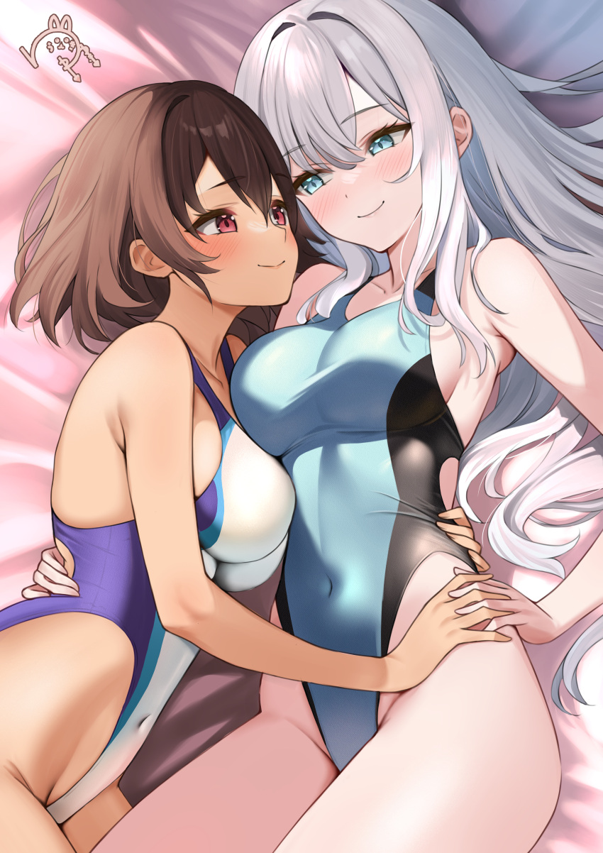 2girls absurdres aqua_eyes aqua_one-piece_swimsuit breasts brown_hair commission competition_swimsuit covered_navel cowboy_shot eye_contact grey_hair highleg highleg_one-piece_swimsuit highres holding_hands long_hair looking_at_another lying medium_breasts multiple_girls one-piece_swimsuit original red_eyes short_hair skeb_commission smile snow-yuuki swimsuit two-tone_swimsuit white_one-piece_swimsuit yuri