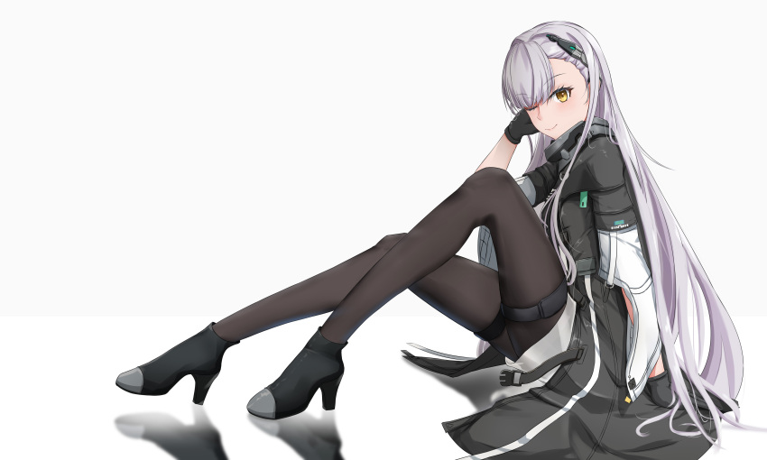 absurdres ak-alfa_(girls'_frontline) arm_support black_footwear black_jacket black_pantyhose chinese_commentary closed_mouth female girls'_frontline girls'_frontline_2:_exilium hand_up headgear high_heels highres jacket long_hair looking_at_viewer multicolored_clothes multicolored_jacket one_eye_closed pantyhose reflection renyi shoes simple_background sitting smile solo thigh_strap two-tone_jacket white_background white_hair white_jacket yellow_eyes