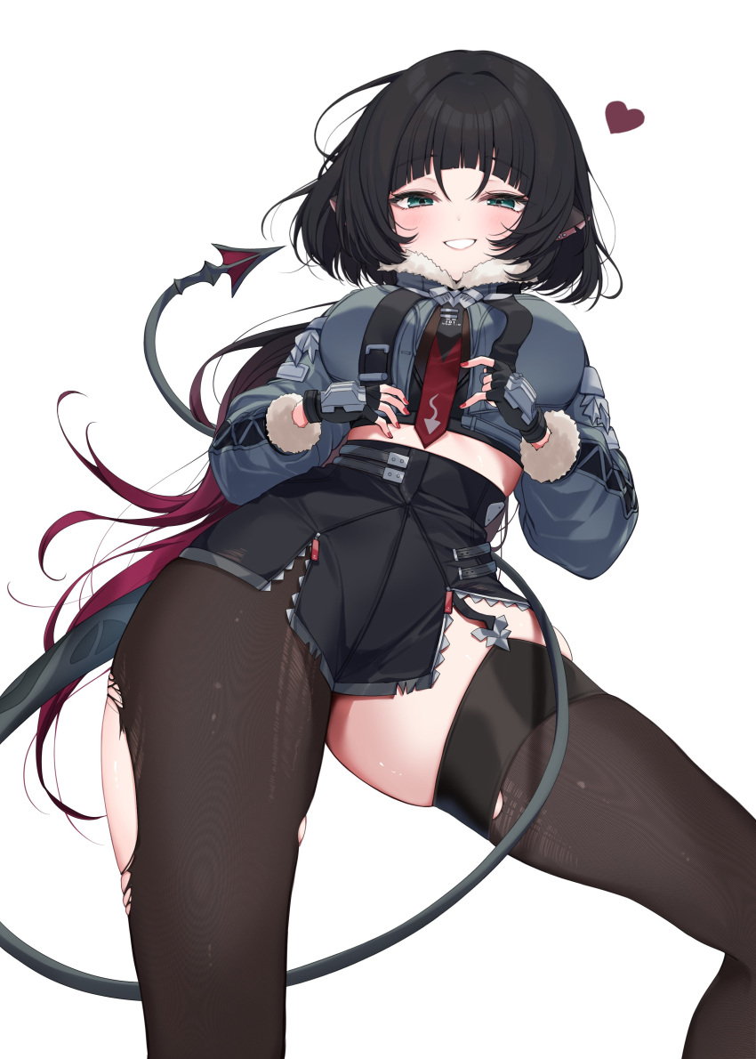 absurdres animal_ears arched_bangs black_garter_straps black_gloves black_hair blush brown_pantyhose brown_thighhighs crop_top female fingerless_gloves fur-trimmed_jacket fur_trim garter_straps gloves green_eyes heart high-waist_shorts highres ineka_ka jacket jane_doe_(zenless_zone_zero) long_hair long_sleeves looking_at_viewer mouse_ears mouse_girl mouse_tail multicolored_hair necktie pantyhose pantyhose_under_shorts red_hair red_nails short_shorts shorts simple_background single_garter_strap single_leg_pantyhose single_thighhigh skindentation smile solo tail teeth thighhighs thighs torn_clothes torn_pantyhose torn_thighhighs two-tone_hair two-tone_necktie white_background zenless_zone_zero