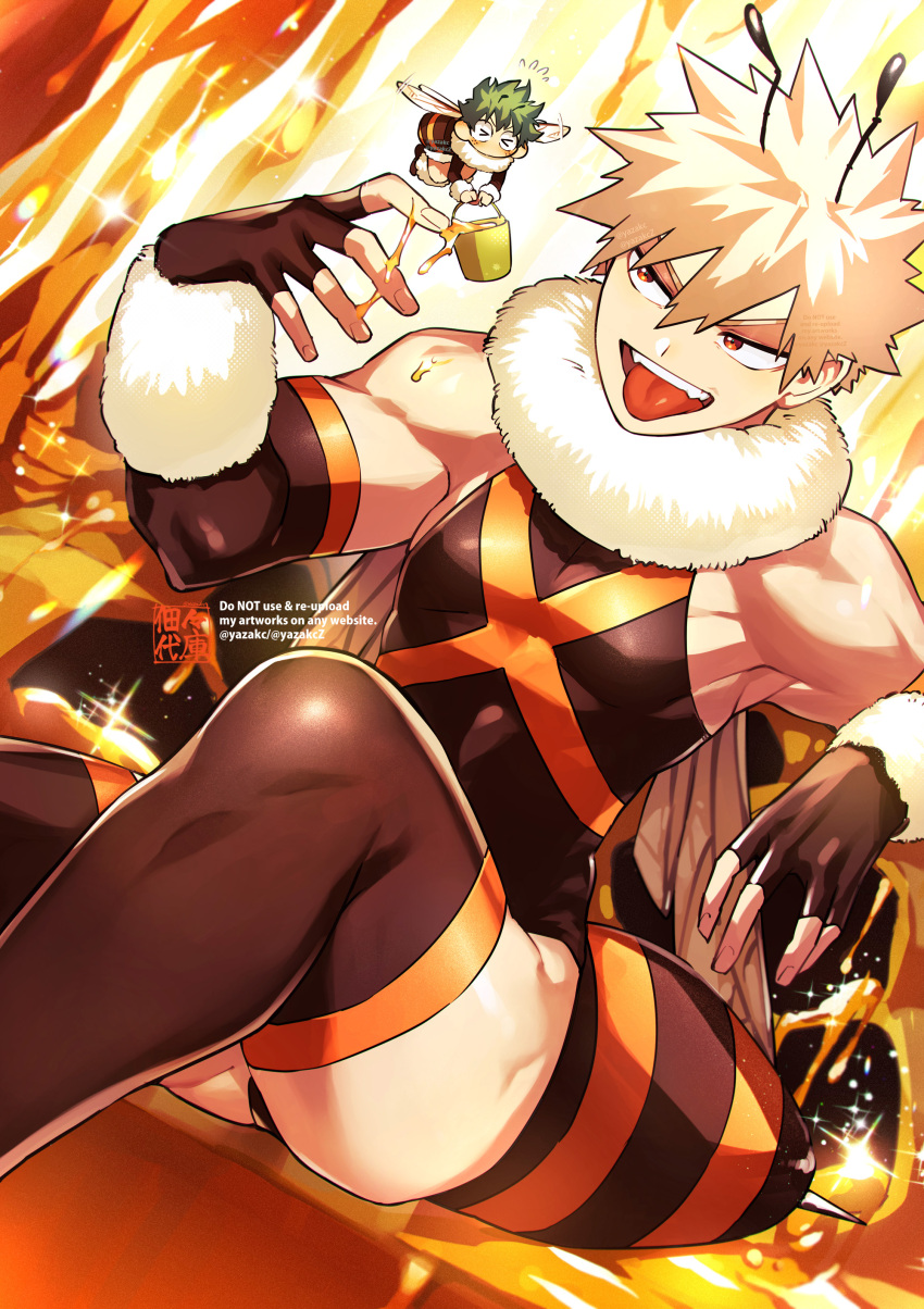 >_< 2boys absurdres bakugou_katsuki bee bee_costume black_gloves black_leotard black_sleeves blonde_hair boku_no_hero_academia brown_thighhighs bucket bug fingerless_gloves freckles fur_trim gloves green_hair highres holding holding_bucket honey leotard male_focus midoriya_izuku multiple_boys open_mouth red_eyes short_hair spiked_hair thighhighs tongue tongue_out yazaki_(yazakc)