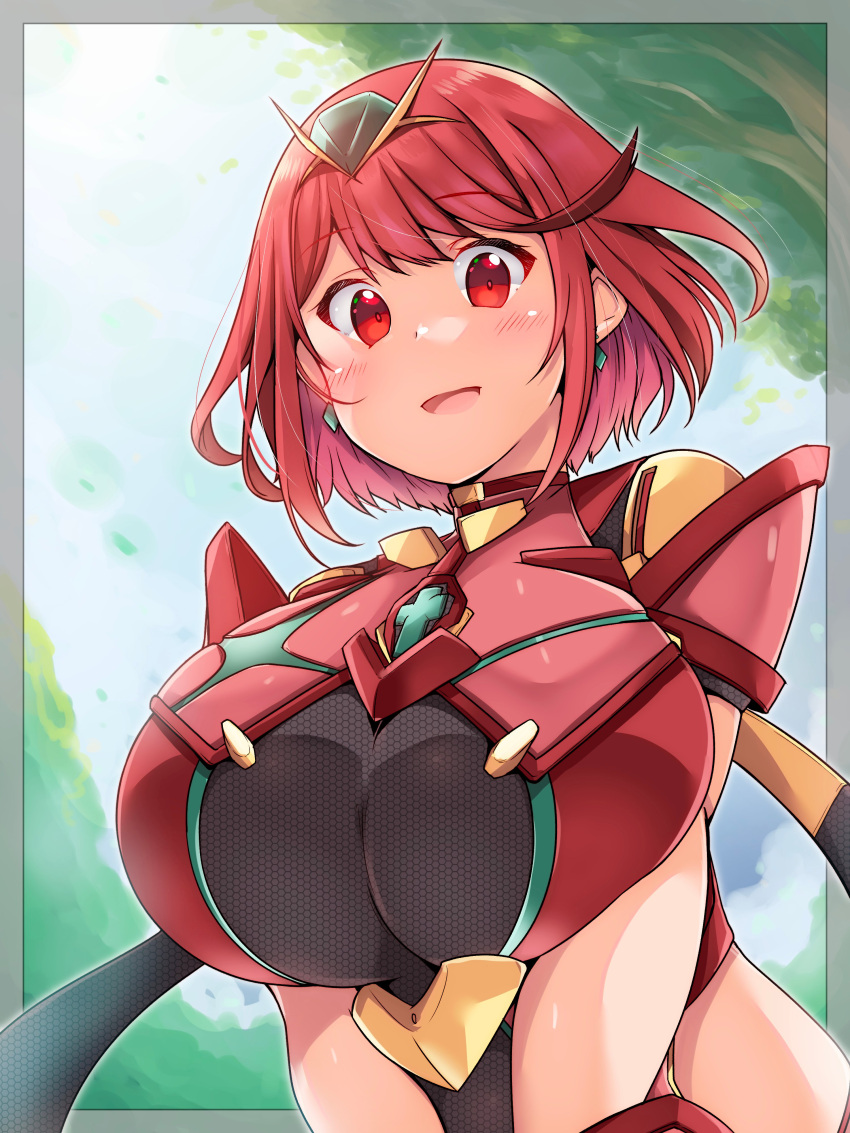 absurdres blush border breasts cleavage female hair_between_eyes headpiece highres huge_breasts kurokaze_no_sora looking_at_viewer medium_hair open_mouth outside_border pyra_(xenoblade) red_eyes red_hair short_sleeves solo swept_bangs upper_body xenoblade_chronicles_(series) xenoblade_chronicles_2