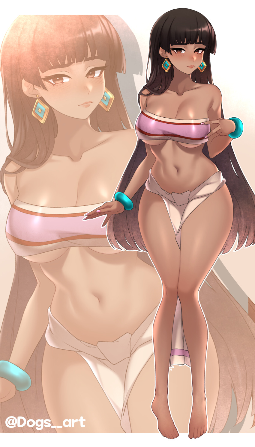 absurdres blunt_bangs bracelet breasts brown_eyes brown_hair chel_(the_road_to_el_dorado) cleavage collarbone commission dark-skinned_female dark_skin dogs_(dlrkdejr26) earrings female full_body hands_up highres jewelry large_breasts loincloth long_hair looking_at_viewer nail_polish navel pink_nails smile solo strapless tan the_road_to_el_dorado thighs tube_top twitter_username underboob