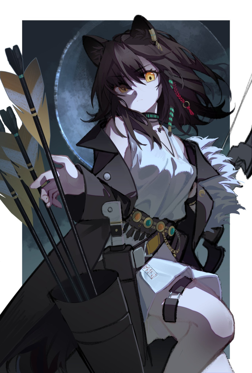 animal_ears arknights arrow_(projectile) belt bow_(weapon) brown_hair brown_jacket female full_moon hashtag-only_commentary highres holding holding_arrow infection_monitor_(arknights) jacket long_sleeves looking_at_viewer lunacub_(arknights) machete minuo moon open_clothes open_jacket shirt solo weapon wolf_ears wolf_girl yellow_eyes