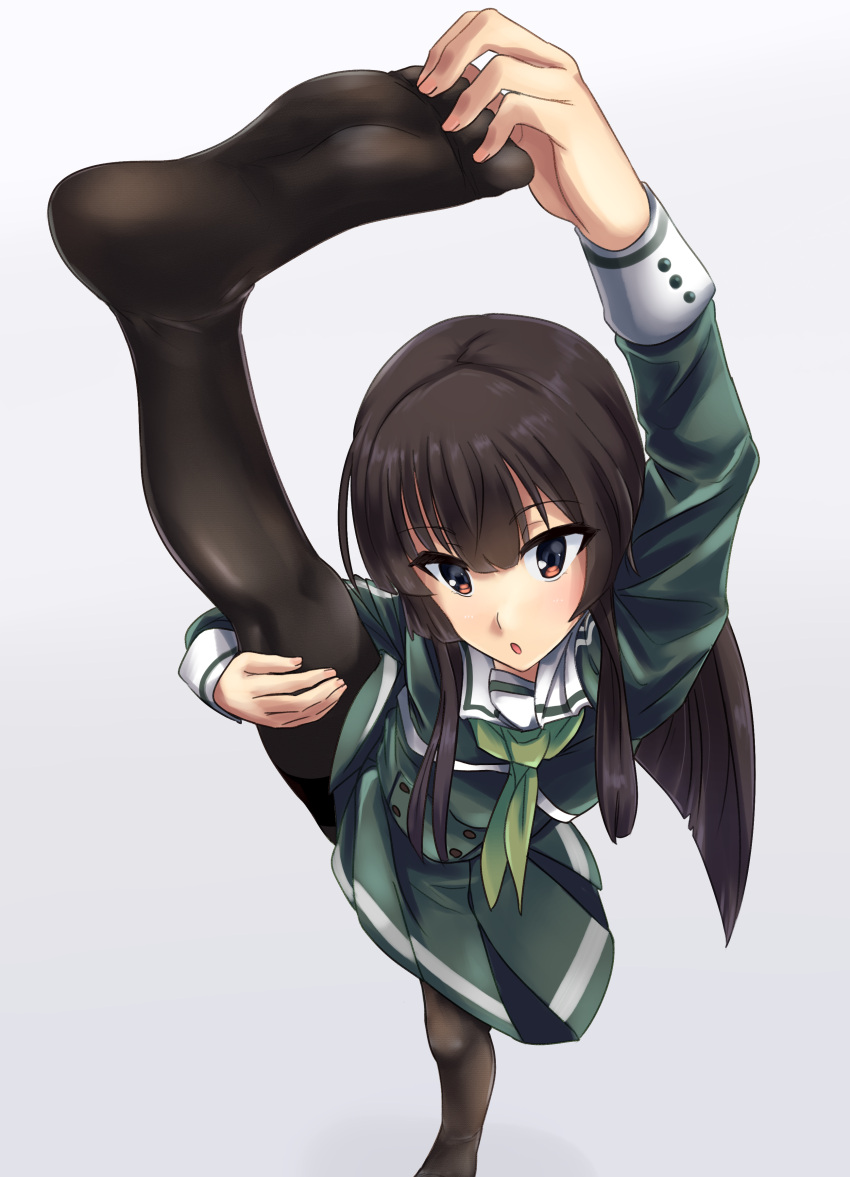 absurdres arm_up artistic_error bad_anatomy black_pantyhose blunt_bangs brown_eyes brown_hair commentary_request female foreshortening from_above green_neckerchief heijou_institute_school_uniform highres juujou_hiyori long_hair long_sleeves looking_at_viewer mashitono_desu neckerchief no_shoes pantyhose parted_lips sailor_collar school_uniform sidelocks soles solo split standing standing_on_one_leg standing_split toji_no_miko white_background white_sailor_collar