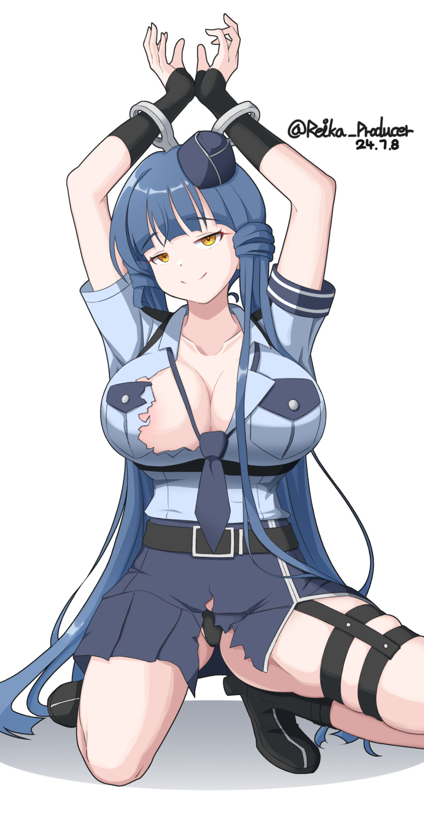 absurdres armband arms_up belt belt_buckle black_belt black_footwear black_gloves black_panties blue_armband blue_collar blue_hair blue_hat blue_necktie blue_shirt blunt_bangs breast_pocket breasts buckle chest_harness cleavage closed_mouth collar collarbone concept_police_(idolmaster) cuffs dated dot_nose elbow_gloves fingerless_gloves full_body garrison_cap garter_straps gloves half-closed_eyes handcuffs harness hat head_tilt highres huge_breasts idolmaster idolmaster_million_live! idolmaster_million_live!_theater_days kitakami_reika light_smile long_hair looking_at_viewer loose_necktie necktie nillis on_one_knee panties pocket police police_uniform policewoman seductive_smile shirt short_sleeves shoulder_boards side_slit simple_background skindentation skirt smile straight-on straight_hair thigh_strap tilted_headwear torn_clothes torn_shirt torn_skirt twintails twitter_username underwear very_long_hair white_background yellow_eyes zipper