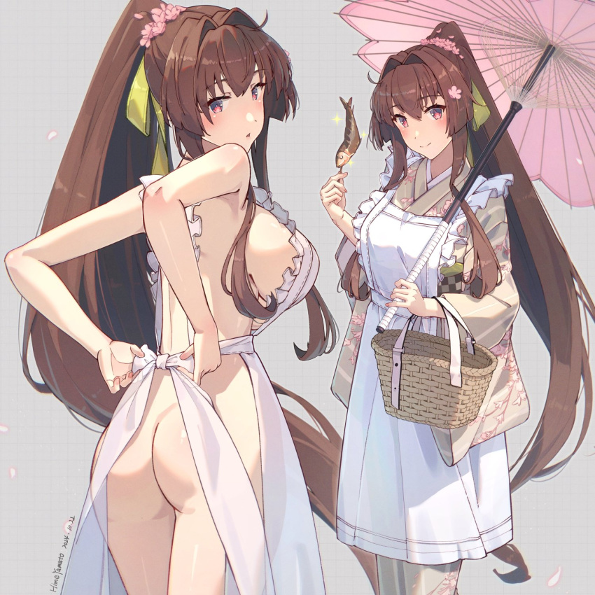 alternate_costume apron ass breasts brown_hair cherry_blossoms female fish floral_print_kimono flower green_kimono green_ribbons hair_flower hair_intakes hair_ornament hair_ribbon highres himeyamato holding holding_skewer japanese_clothes kantai_collection kimono large_breasts long_hair naked_apron ponytail ribbon saury sidelocks skewer very_long_hair white_apron wide_sleeves yamato_(kancolle)