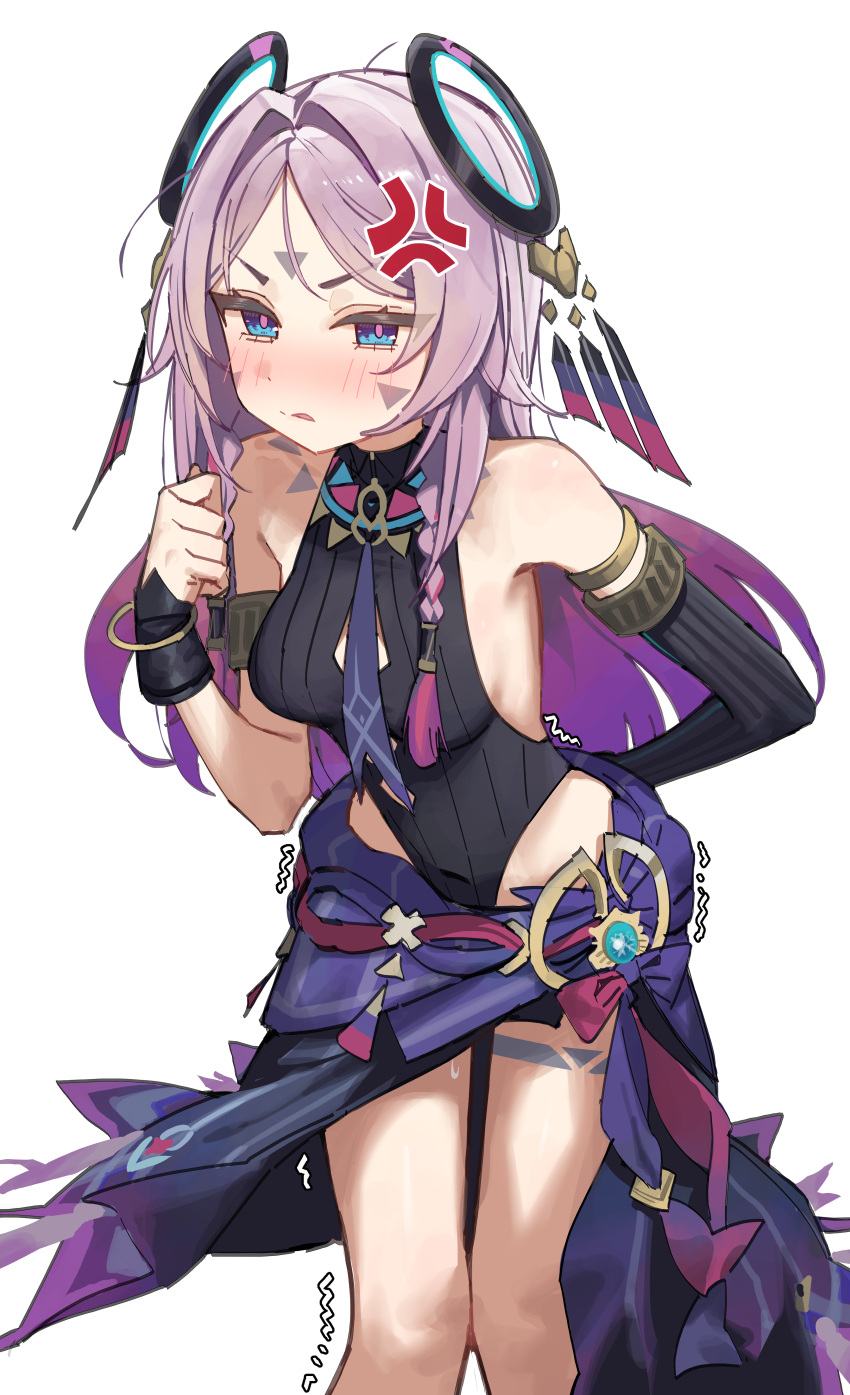 absurdres anger_vein arched_back arm_behind_back bare_legs bare_shoulders black_gloves black_leotard blush breasts citlali_(genshin_impact) female genshin_impact gloves hair_ornament highres leotard long_hair looking_at_viewer medium_breasts parted_lips purple_hair purple_sarong sarong sideboob simple_background single_glove solo syhan white_background