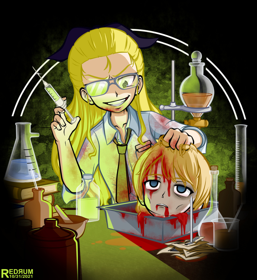 2girls assam_(girls_und_panzer) blonde_hair blood blood_on_face braid darjeeling_(girls_und_panzer) decapitation erlenmeyer_flask flask girls_und_panzer glasses guro highres holding holding_needle horror_(theme) long_hair mad_scientist multiple_girls necktie needle parody parody_request redrum_(haghighiaria25) round-bottom_flask shirt white_shirt