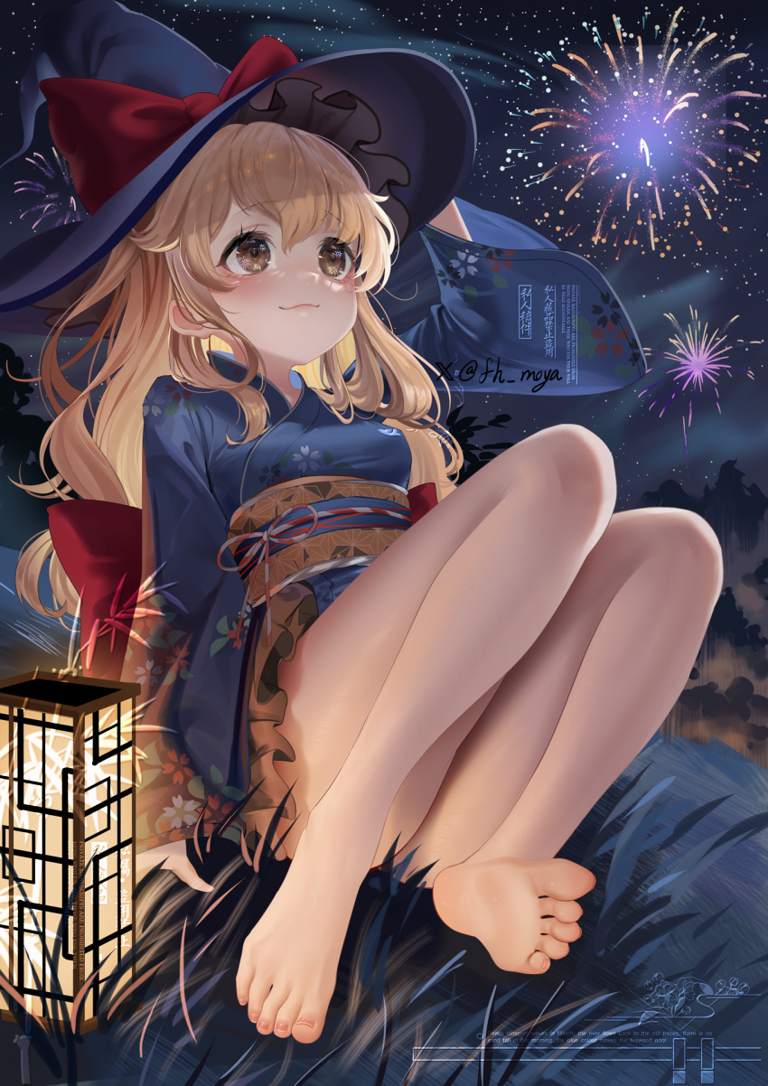 aerial_fireworks bare_legs barefoot blonde_hair blue_hat bow feet female fh_moya fireworks hat highres japanese_clothes kimono kirisame_marisa looking_up night no_shoes red_ribbon ribbon soles toes touhou witch_hat yellow_eyes