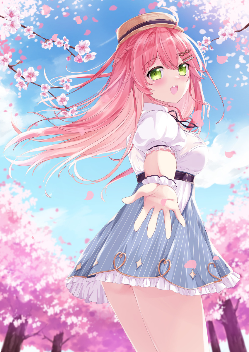 ass belt black_belt blue_sky blush breasts cherry_blossoms day female frilled_gloves frills from_side gloves green_eyes hair_ornament hairclip hanami hat highres hololive kishimaharuno looking_at_viewer medium_breasts open_mouth outdoors outstretched_arm pink_hair reaching reaching_towards_viewer sakura_miko sakura_miko_(street) sky solo straw_hat teeth thighs turning_head upper_teeth_only white_gloves