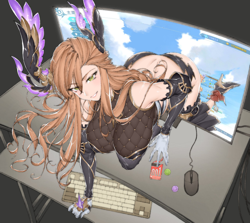 breasts climbing computer computer_keyboard computer_mouse gloves granblue_fantasy highres large_breasts light_brown_hair makudonarudo original smile tien_(granblue_fantasy) white_gloves