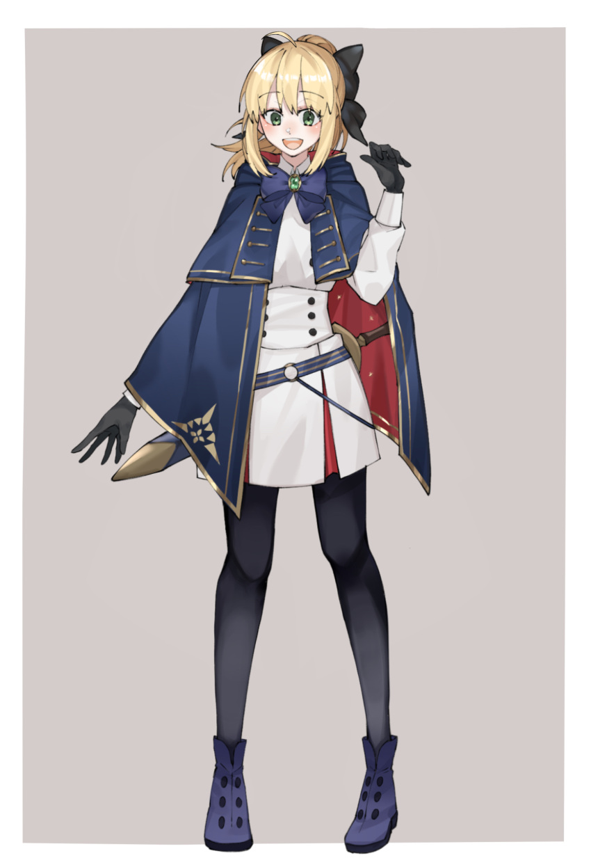 ahoge artoria_caster_(fate) artoria_caster_(fate)_(cosplay) artoria_caster_(second_ascension)_(fate) artoria_pendragon_(fate) blonde_hair blush bow commentary_request cosplay dress eeu_(musuka73) euhage73 fate/grand_order fate_(series) female full_body green_eyes hair_between_eyes highres open_mouth pantyhose saber_lily self_cosplay sheath sheathed simple_background smile solo sword two-tone_cape weapon weapon_on_back