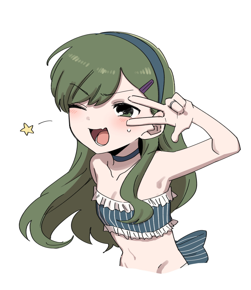 absurdres alternate_hairstyle bikini blue_bikini blue_choker blue_hairband choker commentary_request cropped_torso female flat_chest green_eyes green_hair hair_ornament hairband hairclip highres igarashi_futaba_(shiromanta) jewelry long_hair lower_teeth_only navel oerba_yun_fang ring senpai_ga_uzai_kouhai_no_hanashi shiromanta simple_background skin_fang solo star_(symbol) stomach strapless strapless_bikini striped_bikini striped_clothes sweat swimsuit teeth v_over_eye vertical-striped_bikini vertical-striped_clothes white_background