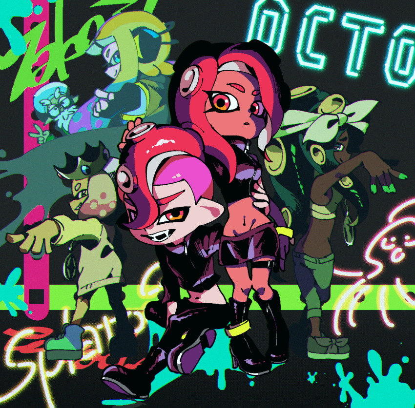 2boys 4girls agent_3_(splatoon) agent_8_(splatoon) anklet aqua_hair bandana beard behind-the-head_headphones belt belt_buckle between_legs black_belt black_footwear black_pants black_shirt black_skirt blonde_hair blue_pants boots breasts buckle cap'n_cuttlefish chain_necklace chains closed_mouth colored_extremities commentary_request crop_top crossed_arms crown dark-skinned_female dark_skin facial_hair fangs full_body furrowed_brow green_hair grey_footwear grin groin hand_between_legs hand_on_another's_head hand_on_another's_waist headphones high-visibility_clothing high-visibility_vest hood hood_up hoodie inkling inkling_girl inkling_player_character jewelry long_hair looking_at_viewer marina_(splatoon) medium_hair midriff miniskirt multicolored_hair multiple_boys multiple_girls navel necklace octoling octoling_boy octoling_girl octoling_player_character old old_man open_mouth outstretched_arm pants pearl_(splatoon) pencil_skirt pink_hair pink_hoodie red_eyes red_hair ring shirt short_hair sitting skirt smile splatoon_(series) splatoon_2 splatoon_2:_octo_expansion standing suction_cups tentacle_hair thick_eyebrows thigh_belt thigh_strap twintails two-tone_hair ukata white_bandana white_footwear white_shirt wristband yellow_sleeves yellow_wristband zipper zipper_pull_tab