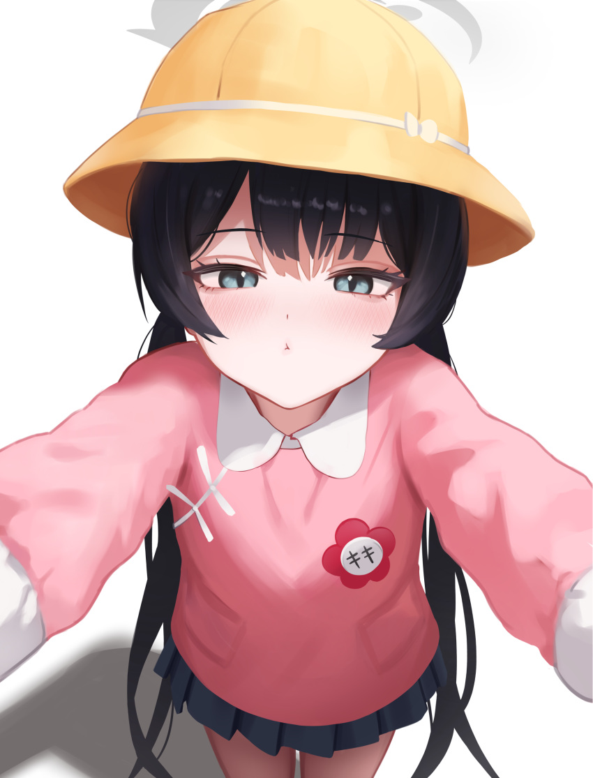 absurdres black_hair blue_archive blush female flower_pin from_above grey_eyes grey_halo half-closed_eyes halo hat highres kindergarten_uniform kisaki_(blue_archive) kisaki_(kindergarten_uniform)_(blue_archive) low_twintails metatame miniskirt name_tag out_of_character outstretched_arms pink_shirt puckered_lips school_hat shirt simple_background skirt smock solo twintails white_background yellow_hat