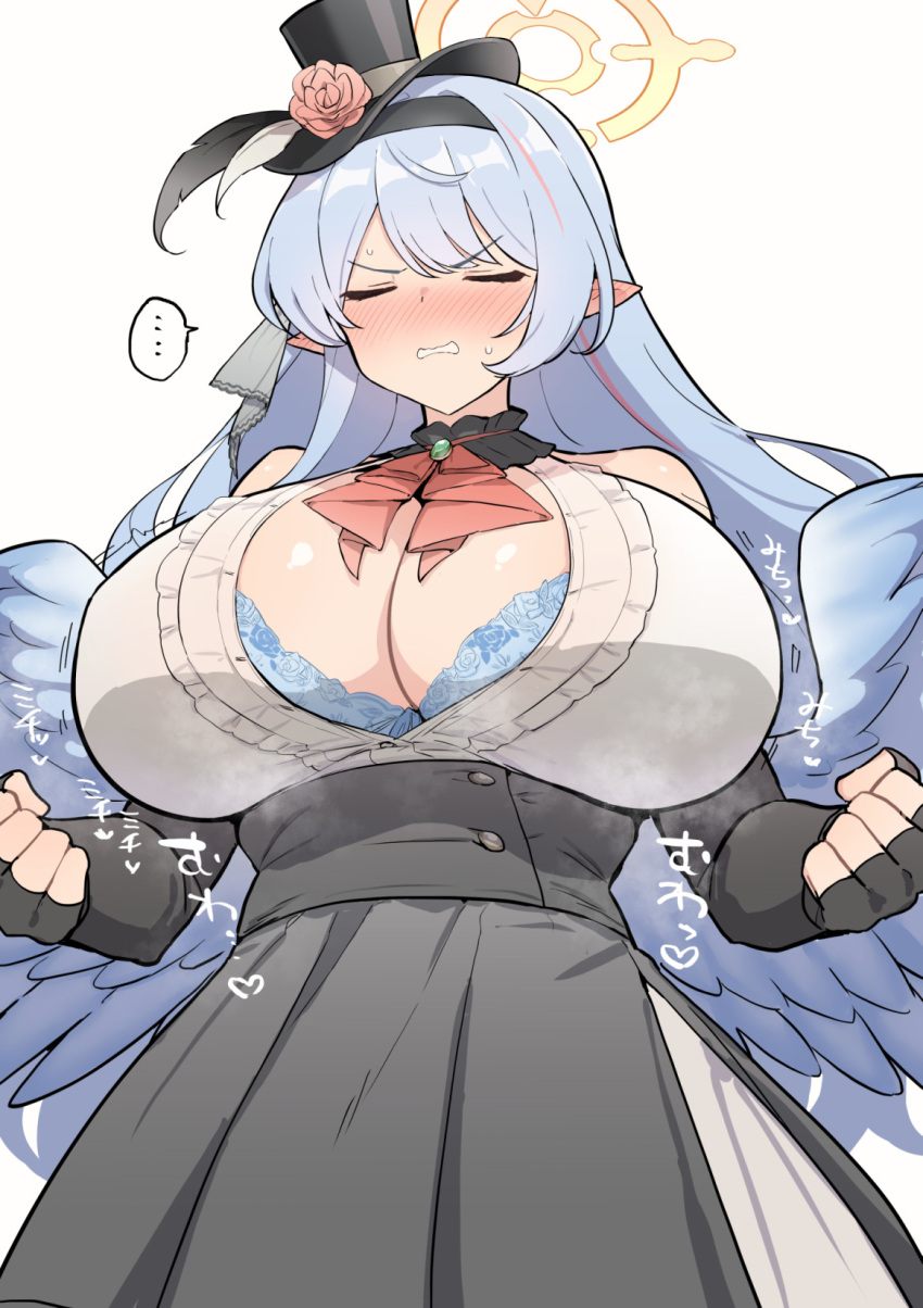 ... black_gloves black_headband blue_archive blue_bra blue_hair blue_wings blush bra breasts bursting_breasts choujiroo cleavage clenched_teeth closed_eyes commentary_request dress elbow_gloves female fingerless_gloves flower gloves hair_flower hair_ornament halo hat hat_flower headband highres huge_breasts idol idol_clothes looking_at_viewer mine_(blue_archive) mine_(idol)_(blue_archive) mini_hat nose_blush official_alternate_costume open_clothes open_mouth popped_button solo steam steaming_body teeth top_hat underwear wings yellow_halo