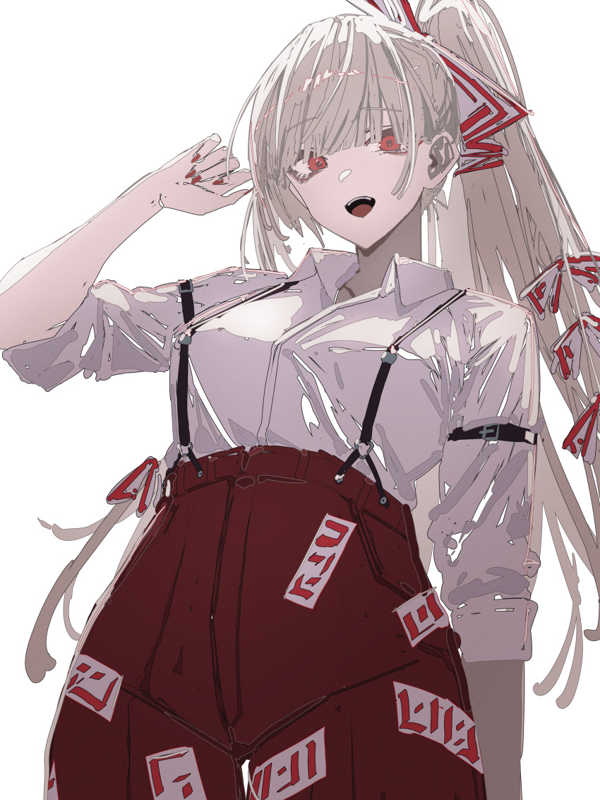 absurdres blush bow female fujiwara_no_mokou grey_hair hairbow hat highres imperishable_night long_hair long_sleeves looking_at_viewer ofuda ofuda_on_clothes open_mouth pants ponytail red_eyes red_nails red_pants ribbon shirt simple_background smile solo suspenders touhou vxdrq white_background white_hair white_shirt