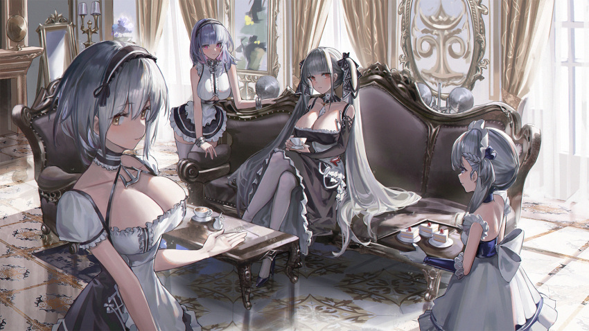 4girls anchor_choker azur_lane bare_shoulders black_dress black_footwear black_skirt breasts cake cake_slice chair cleavage clothing_cutout couch crossed_legs cup detached_collar dido_(azur_lane) dress food formidable_(azur_lane) framed_breasts frilled_dress frills grey_hair hairband high_heels highres holding holding_cup holding_tray indoors lace-trimmed_hairband lace_trim large_breasts little_bel_(azur_lane) long_hair looking_at_viewer maid miniskirt multiple_girls nineye puffy_short_sleeves puffy_sleeves purple_hair red_eyes shoes short_hair short_sleeves shoulder_cutout sirius_(azur_lane) sitting skirt thighhighs tray twintails two-tone_dress underboob underboob_cutout very_long_hair white_thighhighs yellow_eyes zettai_ryouiki