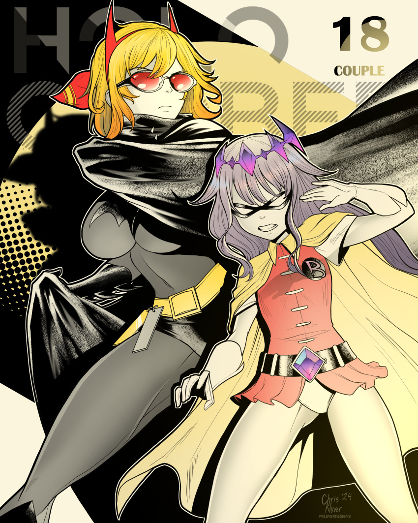 2girls absurdres batman batman_(cosplay) batman_(series) belt black_cape black_gauntlets black_mask blonde_hair bodysuit breasts cape cosplay dc_comics domino_mask english_commentary gem gem_hair_ornament gloves grey_bodysuit grey_hair hairband highres hololive hololive_english hololive_indonesia kaela_kovalskia kluverdesigns koseki_bijou large_breasts leotard leotard_under_clothes long_hair mask medium_hair multiple_girls purple_gemstone red-tinted_eyewear red_eyes red_hairband red_shirt robin_(dc) robin_(dc)_(cosplay) shirt sunglasses superhero_costume tinted_eyewear utility_belt virtual_youtuber white_gloves white_leotard yellow_cape