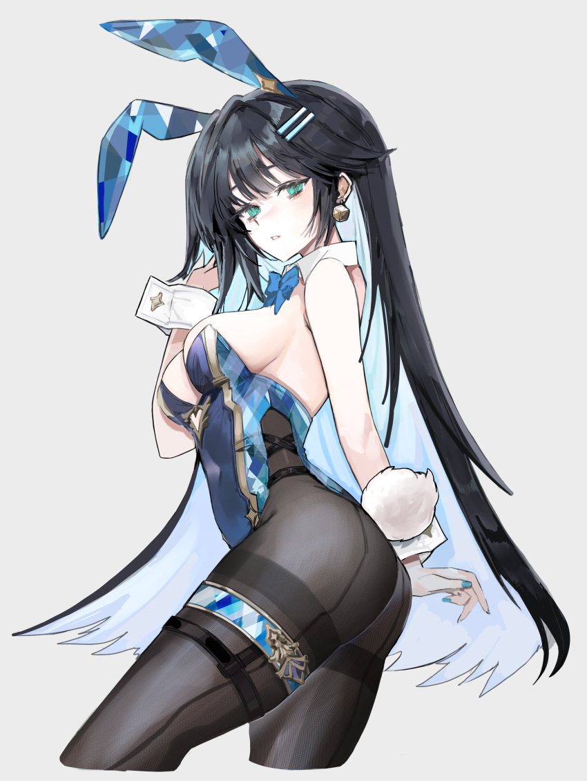 abigail_(black_survival) abigail_(poker_face)_(black_survival) absurdres animal_ears bare_shoulders black_hair black_survival blue_leotard bow bowtie breasts colored_inner_hair detached_collar eternal_return:_black_survival fake_animal_ears fake_tail female green_eyes hair_ornament hairclip highres leotard long_hair multicolored_hair okchun pantyhose playboy_bunny rabbit_ears rabbit_tail solo strapless strapless_leotard tail thigh_strap thighband_pantyhose white_wrist_cuffs wrist_cuffs