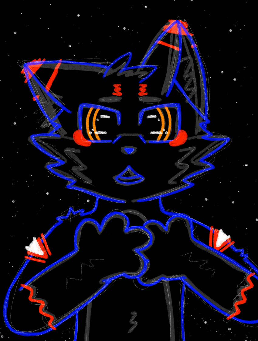 absurd_res anthro black_body blue_body canid canine canis confusion facial_tuft fox fur glistening glistening_eyes hair hand_on_chest hands hi_res kemono looking_at_viewer male mammal markings night orange_body orange_eyes orange_fur pupils sky solo space star tuft turix