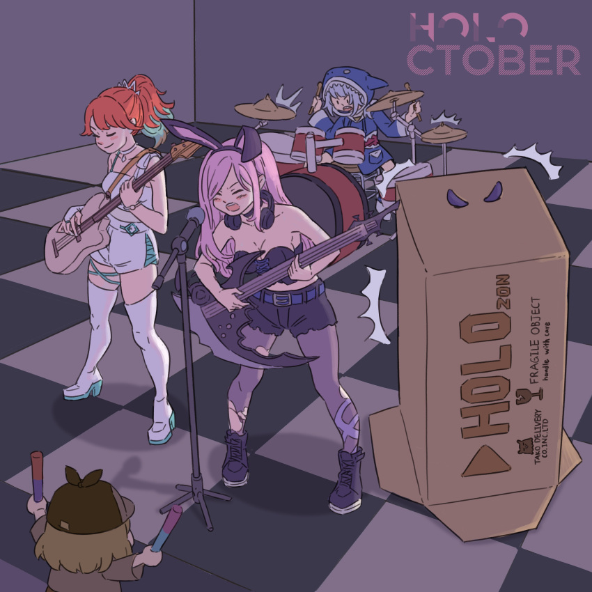 5girls ^^^ absurdres animal_ears blue_hair box breasts cardboard_box checkered_floor choker cleavage drum drum_set drumsticks fake_animal_ears gawr_gura glowstick grey_hair guitar hair_over_one_eye headphones highres holding holding_drumsticks holding_glowstick hololive hololive_english holomyth instrument lessulie long_hair mori_calliope mori_calliope_(9th_costume) multicolored_hair multiple_girls music ninomae_ina'nis pantyhose pink_hair rabbit_ears singing skirt smol_ame strapless streaked_hair takanashi_kiara thighhighs torn_clothes torn_pantyhose tube_top virtual_youtuber watson_amelia