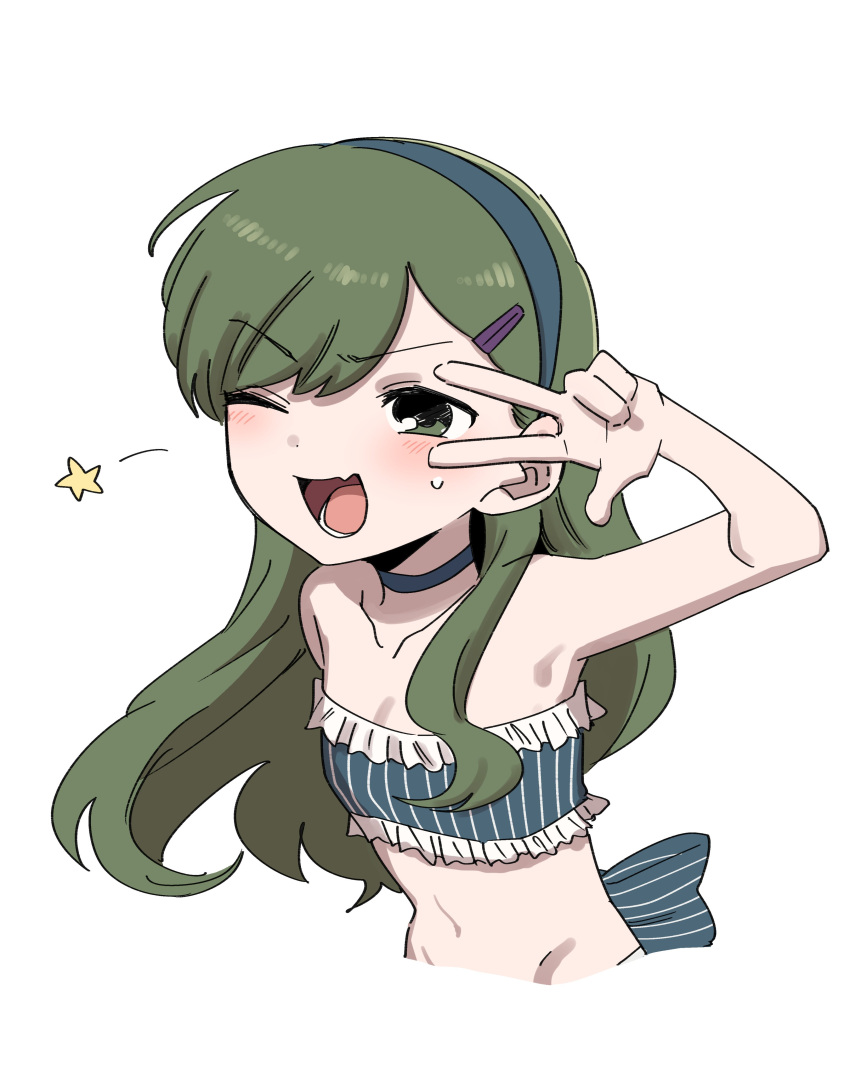 absurdres alternate_hairstyle bikini blue_bikini blue_choker blue_hairband choker commentary_request cropped_torso female flat_chest green_eyes green_hair hair_ornament hairband hairclip highres igarashi_futaba_(shiromanta) long_hair lower_teeth_only navel oerba_yun_fang senpai_ga_uzai_kouhai_no_hanashi shiromanta simple_background skin_fang solo star_(symbol) stomach strapless strapless_bikini striped_bikini striped_clothes sweat swimsuit teeth v_over_eye vertical-striped_bikini vertical-striped_clothes white_background