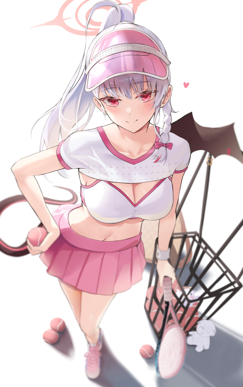 absurdres alternate_costume alternate_hairstyle ball black_tail black_wings blue_archive blush braid breasts cleavage closed_mouth clothes_lift commentary crop_top demon_wings female from_above full_body grey_hair halo haruna_(blue_archive) heart highres holding holding_racket holding_tennis_racket large_breasts looking_at_viewer midriff navel piercing racket red_eyes red_halo shirt shoes side_braids simple_background single_wing sion_(im10042m) smile sneakers solo sports_bra sportswear stuffed_toy tail tennis tennis_racket tennis_uniform visor_cap white_background wing_piercing wings wristband