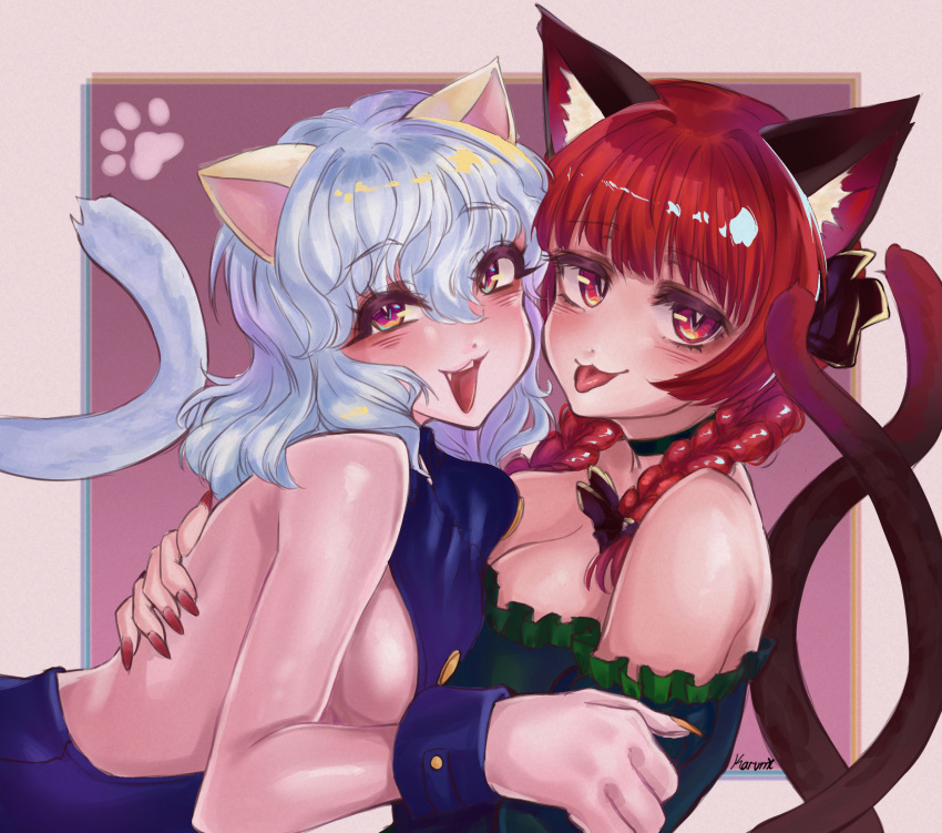 2girls animal_ear_fluff animal_ears braid breasts cat_ears cat_girl cat_tail cleavage commentary crossover fingernails grey_hair highres hunter_x_hunter kaenbyou_rin karumi_jpg long_fingernails looking_at_viewer medium_hair multiple_girls neferpitou nekomata open_mouth red_eyes red_hair red_nails short_hair side_braids symbol-only_commentary tail touhou twin_braids upper_body