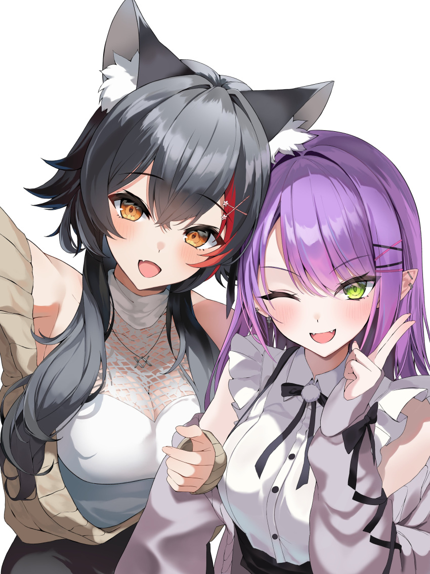 2girls ;d absurdres animal_ears argule0901 barbell_piercing black_bow black_bowtie black_hair black_skirt blush bow bowtie breasts brown_cardigan brown_eyes cardigan cleavage commentary cross-laced_clothes cross-laced_sleeves double-parted_bangs ear_piercing fangs frilled_shirt frills gradient_hair green_eyes grey_cardigan hair_between_eyes hair_ornament hairclip halter_shirt halterneck high-waist_skirt highres hololive industrial_piercing jewelry long_hair looking_at_viewer multicolored_hair multiple_girls necklace no_headwear off_shoulder official_alternate_costume one_eye_closed ookami_mio ookami_mio_(street) open_cardigan open_clothes open_mouth piercing pink_hair pointy_ears pom_pom_(clothes) purple_hair red_hair see-through_cleavage see-through_clothes selfie shirt simple_background skirt sleeveless sleeveless_shirt smile spiked_hair streaked_hair suspender_skirt suspenders symbol-only_commentary tokoyami_towa tokoyami_towa_(jirai_kei) v virtual_youtuber white_background white_hair white_shirt wolf_ears