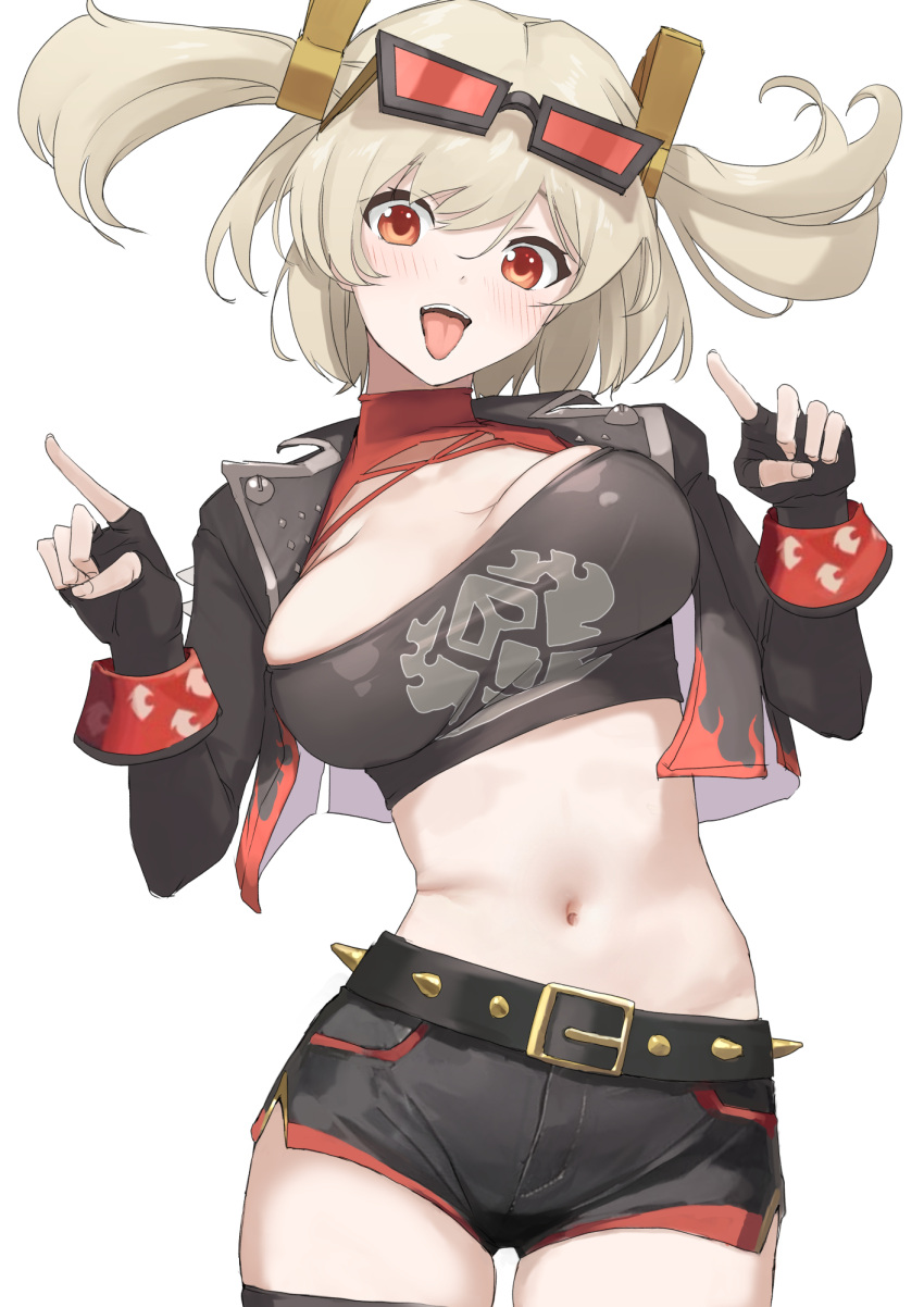 belt black_belt black_gloves black_jacket black_shorts black_tube_top blonde_hair blush bouncing_breasts breasts burnice_white cowboy_shot crop_top cropped_jacket eyewear_on_head female floating_hair gloves highres index_finger_raised jacket large_breasts looking_at_viewer midriff mitsuru_(uramitsuru1206) navel open_clothes open_jacket open_mouth red-tinted_eyewear red_eyes short_shorts shorts smile solo spiked_belt strapless teeth tinted_eyewear tongue tongue_out tube_top unaligned_breasts upper_teeth_only white_background zenless_zone_zero