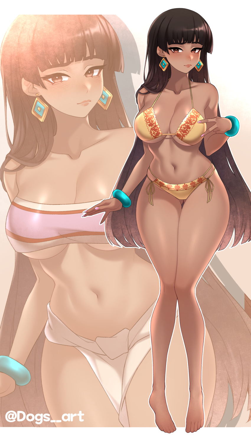 absurdres ass_visible_through_thighs bikini blunt_bangs bracelet breasts brown_eyes brown_hair chel_(the_road_to_el_dorado) cleavage collarbone commission dark-skinned_female dark_skin dogs_(dlrkdejr26) earrings female full_body hands_up highres jewelry large_breasts loincloth long_hair looking_at_viewer nail_polish navel pink_nails smile solo strapless swimsuit tan the_road_to_el_dorado thighs tube_top twitter_username underboob yellow_bikini