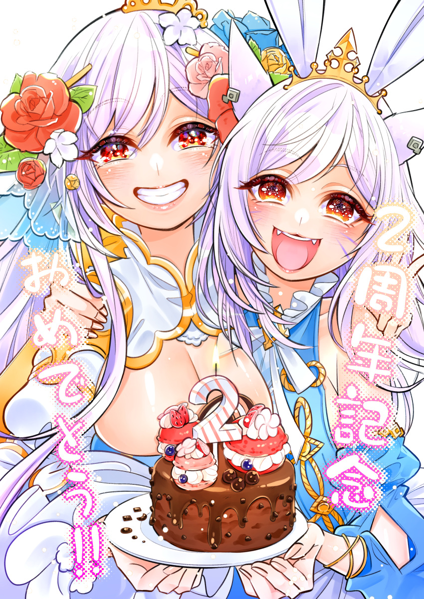 2girls absurdres animal_ears anniversary arch_bishop_(ragnarok_online) blue_dress blush breasts cake candle cat_ears cat_girl chocolate_cake cleavage cleavage_cutout clothing_cutout commentary_request cross crossover crown dress fangs final_fantasy final_fantasy_xiv flower food frilled_dress frills grin hair_flower hair_ornament hand_on_own_shoulder highres holding holding_plate holding_together large_breasts long_hair looking_at_viewer macaron miqo'te multiple_girls noxxia39 number_candle official_alternate_costume open_mouth orange_eyes pink_flower pink_rose plate purple_hair ragnarok_online rose shiny_skin shoulder_cutout smile swept_bangs translation_request two-tone_dress v warrior_of_light_(ff14) whiskers white_dress yuri