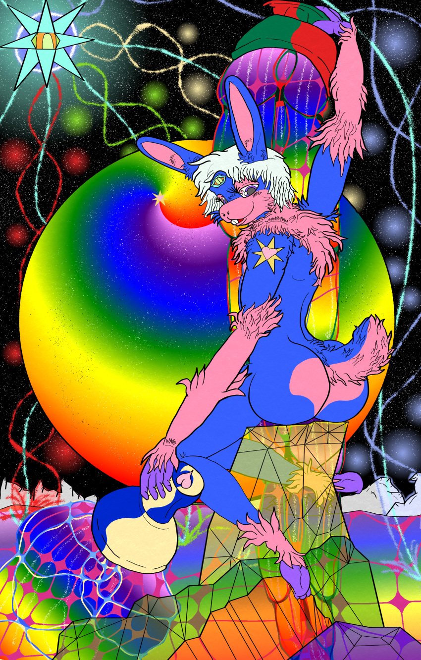 abstract_background absurd_res anthro arm_tattoo ass big_butt card container cosmic_background cup digital_media_(artwork) ears_up fluffy fluffy_tail fur goblet hair head_tattoo heart_symbol hi_res holding_object lagomorph leporid liquid looking_at_viewer looking_back major_arcana male mammal markings neck_tuft nikolinni nude open_mouth psychedelic psychedelic_background rabbit rainbow scut_tail short_tail smile solo space spiral_background star swirls tail tarot tarot_card tattoo teeth teinshou_(nikolinni) the_star_(tarot) third_eye_(marking) thoth_tarot tuft